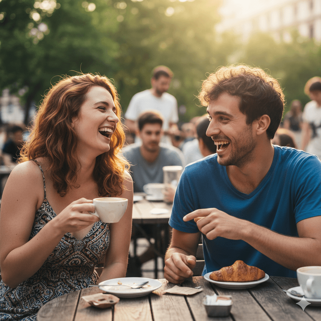 Friends laughing and talking over coffee
