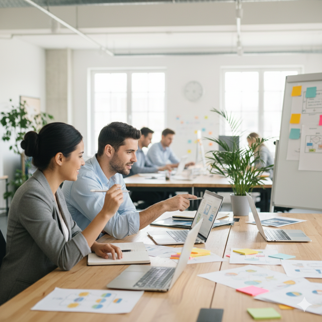 Two colleagues having a focused discussion in an office